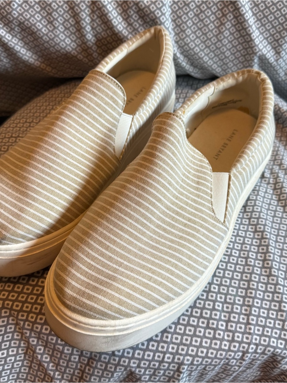 Lane Bryant Beige and White Striped Slip-On Sneakers